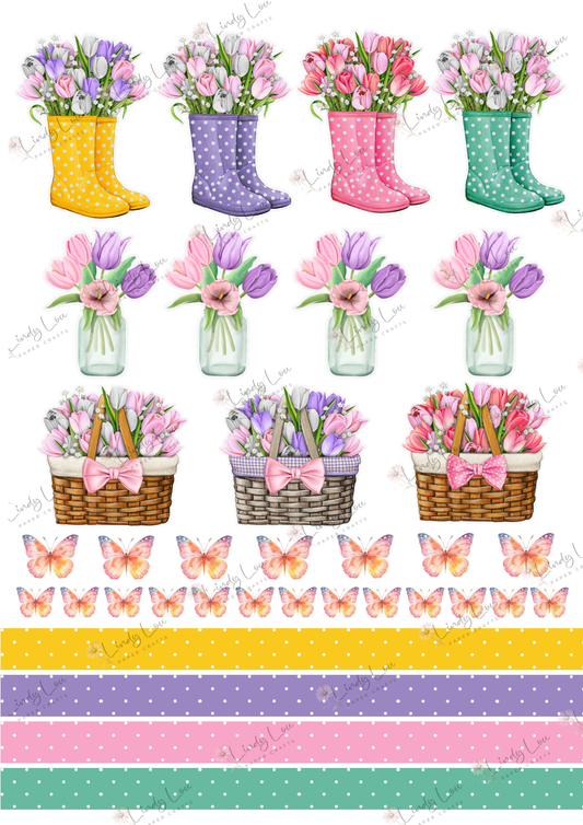 A4 Fussy Cut Sheets - Tip Toe Through The Tulips - Boots & Baskets
