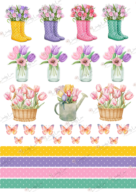 A4 Fussy Cut Sheets - Tip Toe Through The Tulips - Boots & Baskets