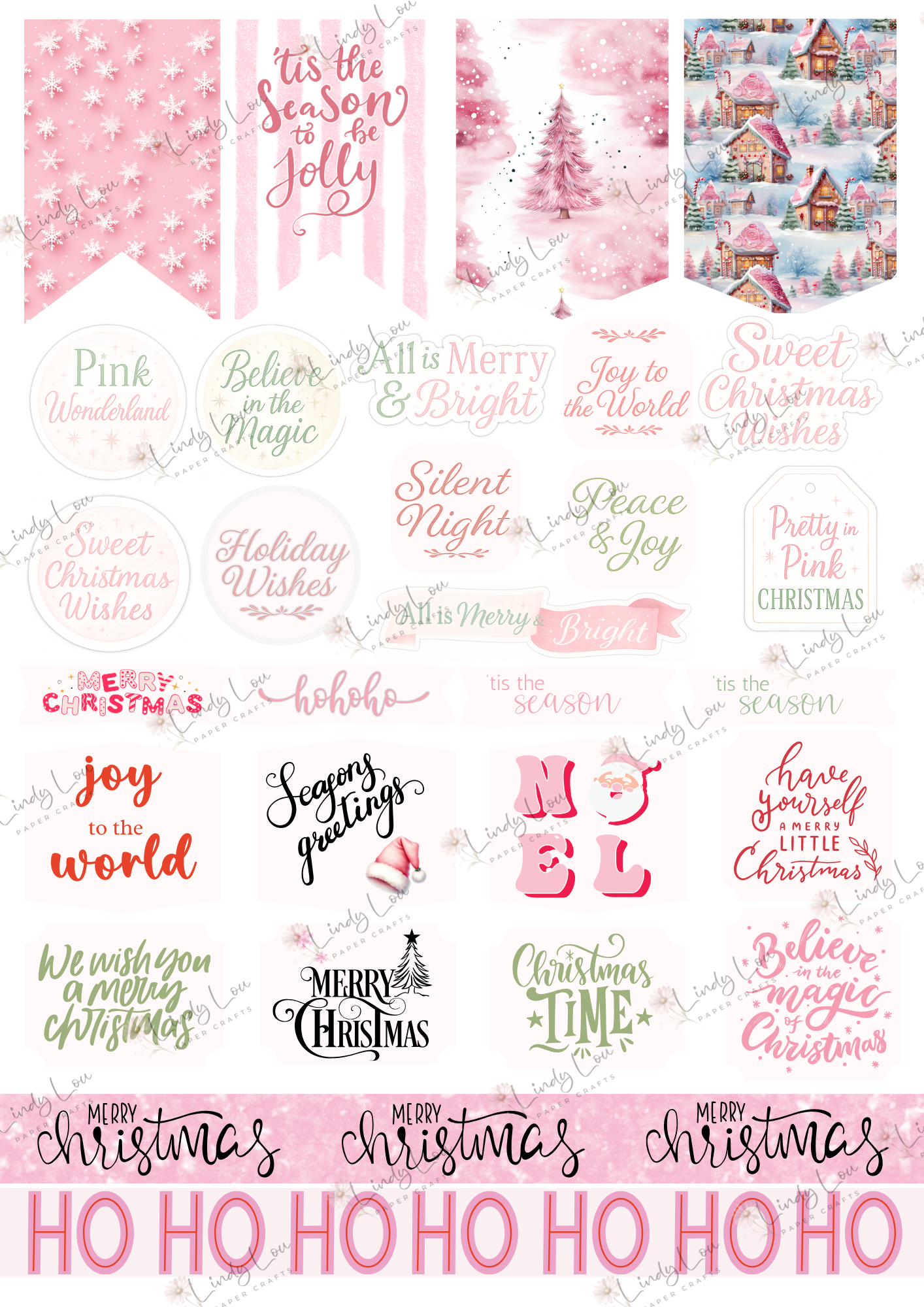 A4 Fussy Cut Sheets  - Pink Christmas - Sugarplum Sayings