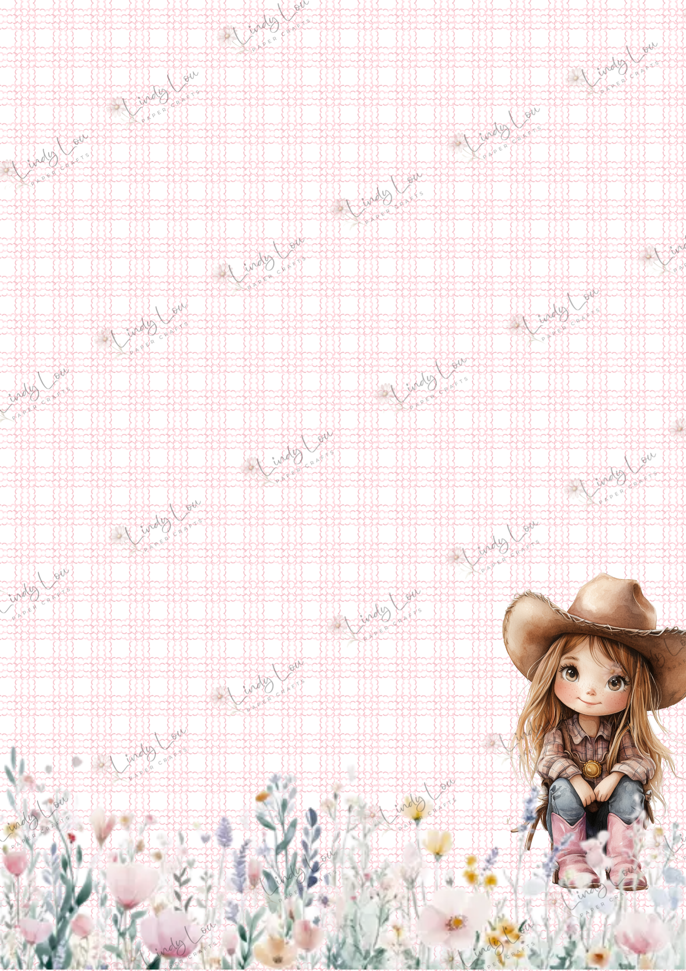 A4 Single Sheet - Cute Little Cowgirl - Flower Field