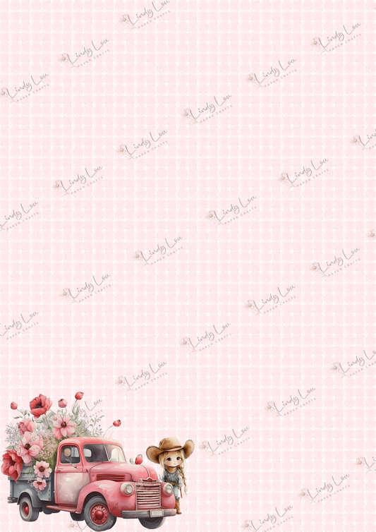 A4 Single Sheet - Cute Little Cowgirl - Flower Truck