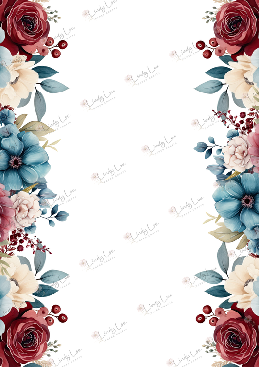 A4 Single Sheet - Burgundy & Blue- Enchanted Floral Border
