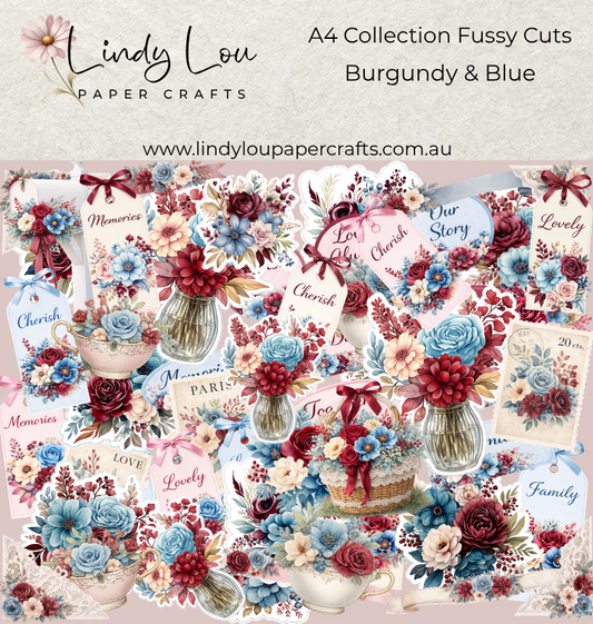 Ephemera: Fussy Cuts - A4 Collection - Burgundy & Blue